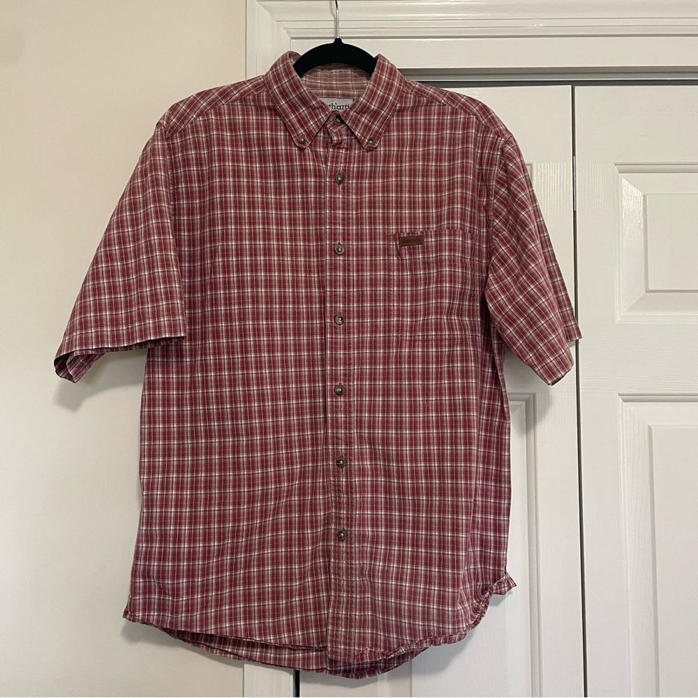 Carhartt Vintage Red White Plaid Short Sleeve Button Down Shirt Size Medium